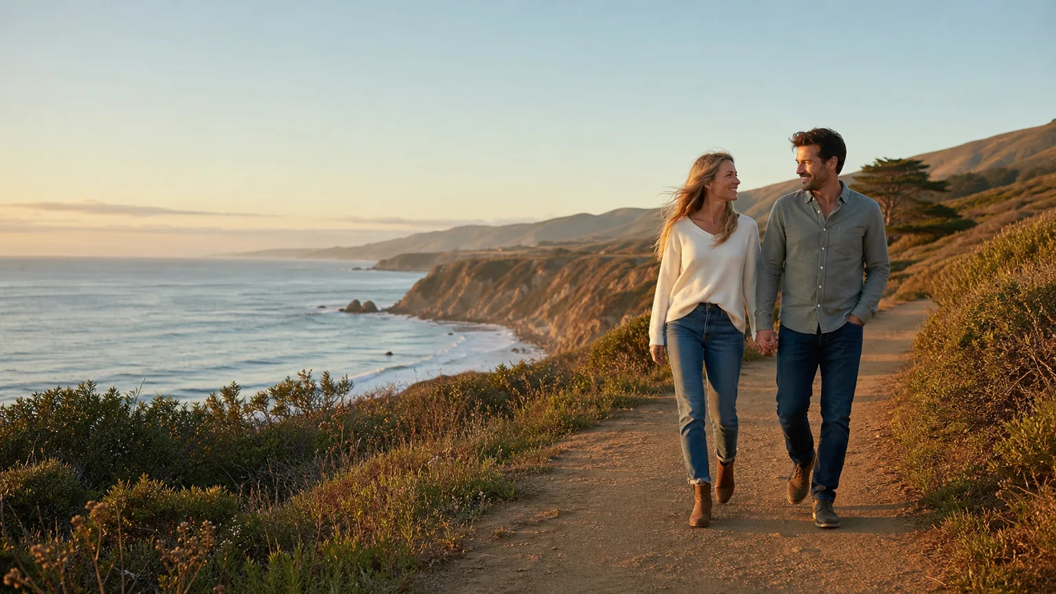 A California couple walking together on a coastal bluff trail